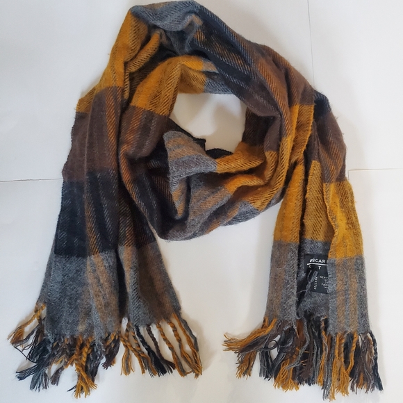 Oscar de la Renta Other - VINTAGEOscar de la Renta Plaid Brown Grey and Gold Striped/plaid Scarf 68" x 18"